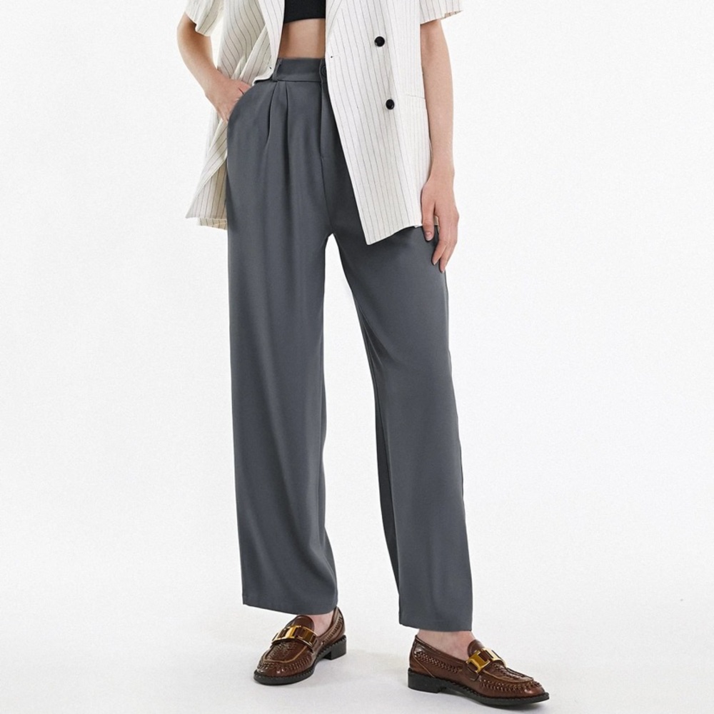 NWT J.ING Grey Half Elastic Pleat Detail Wide Leg Suit Pants